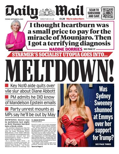 Daily Mail Newspaper Front Page (UK) for 16 September 2025