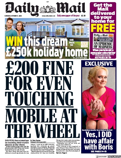 Daily Mail Newspaper Front Page (UK) for 17 October 2020