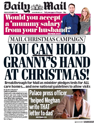 Daily Mail Newspaper Front Page (UK) for 17 November 2020