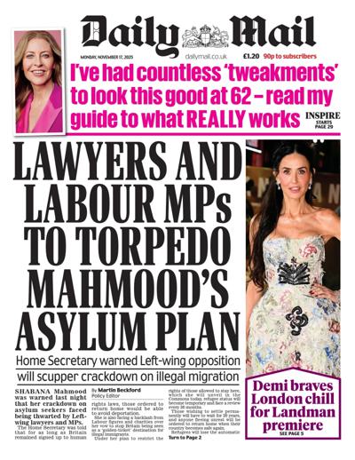 Daily Mail Newspaper Front Page (UK) for 17 November 2025