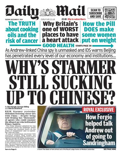 Daily Mail Newspaper Front Page (UK) for 17 December 2024