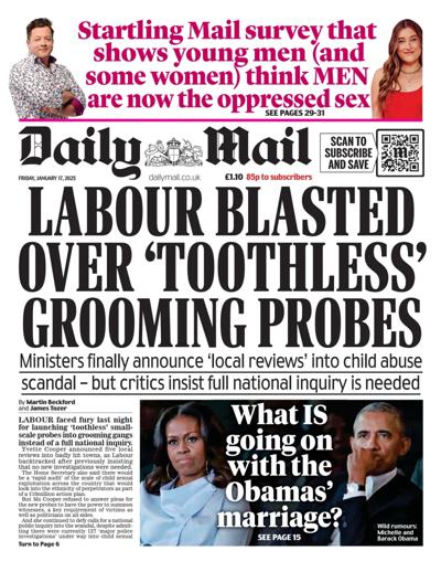 Daily Mail Newspaper Front Page (UK) for 17 January 2025