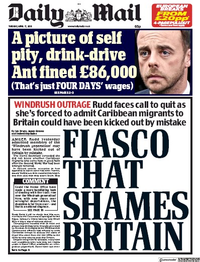 Daily Mail Newspaper Front Page (UK) for 17 April 2018