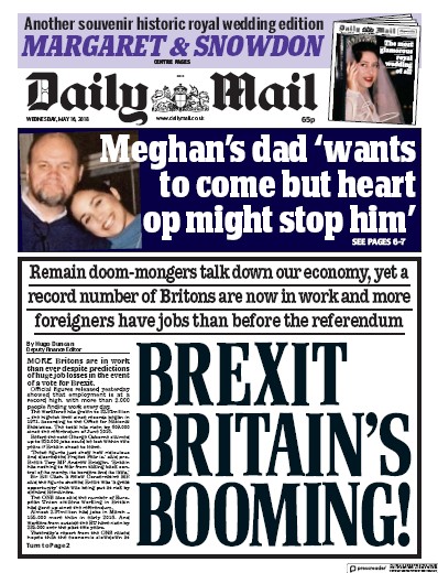 Daily Mail Newspaper Front Page (UK) for 17 May 2018