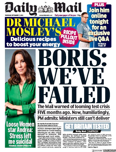 Daily Mail Newspaper Front Page (UK) for 17 September 2020