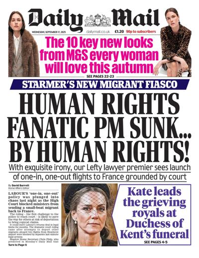Daily Mail Newspaper Front Page (UK) for 17 September 2025