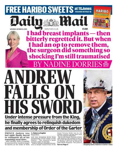 Daily Mail Newspaper Front Page (UK) for 18 October 2025