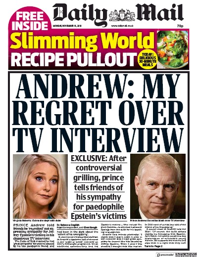 Daily Mail Newspaper Front Page (UK) for 18 November 2019