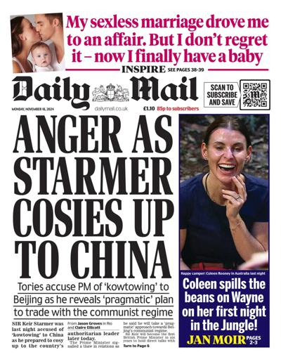 Daily Mail Newspaper Front Page (UK) for 18 November 2024