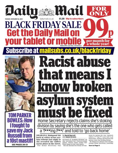 Daily Mail Newspaper Front Page (UK) for 18 November 2025