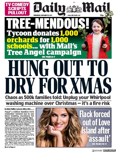 Daily Mail Newspaper Front Page (UK) for 18 December 2019