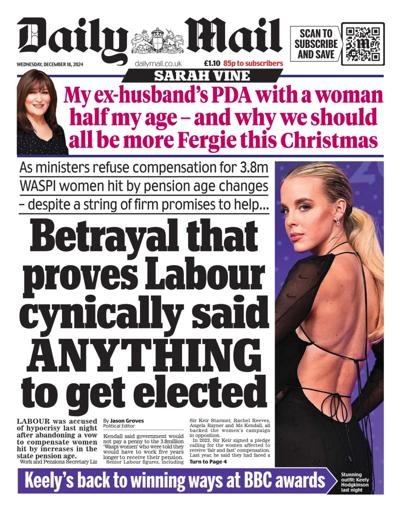 Daily Mail Newspaper Front Page (UK) for 18 December 2024