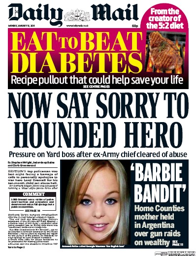 Daily Mail Newspaper Front Page (UK) for 18 January 2016