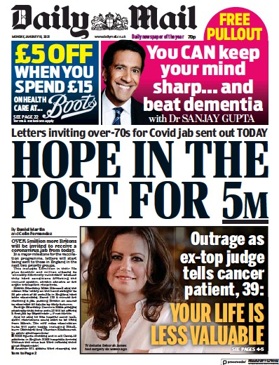 Daily Mail Newspaper Front Page (UK) for 18 January 2021