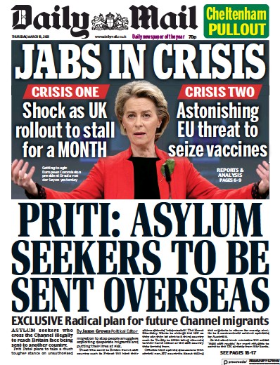 Daily Mail Newspaper Front Page (UK) for 18 March 2021