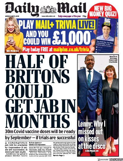 Daily Mail Newspaper Front Page (UK) for 18 May 2020