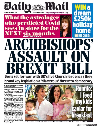 Daily Mail Newspaper Front Page (UK) for 19 October 2020