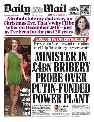 Daily Mail Newspaper Front Page (UK) for 19 December 2024