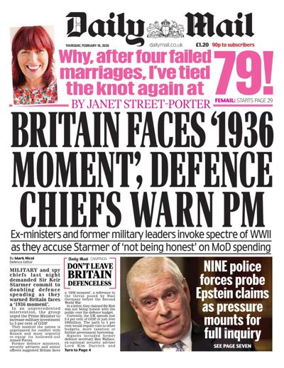 Daily Mail Newspaper Front Page (UK) for 19 February 2026