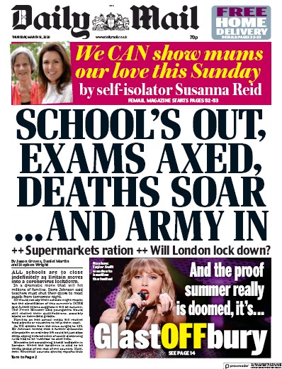 Daily Mail Newspaper Front Page (UK) for 19 March 2020