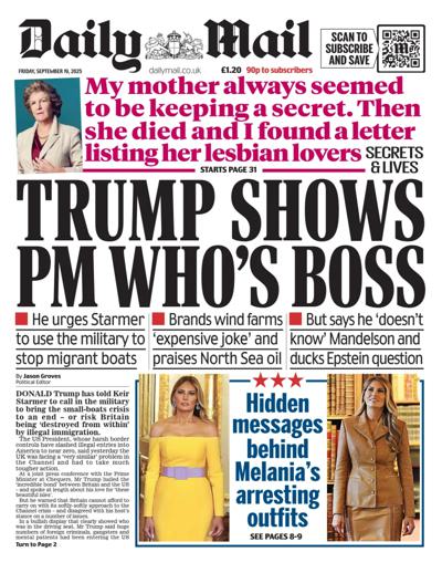 Daily Mail Newspaper Front Page (UK) for 19 September 2025