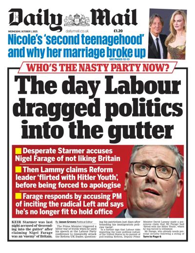 Daily Mail Newspaper Front Page (UK) for 1 October 2025
