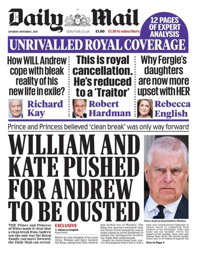 Daily Mail Newspaper Front Page (UK) for 1 November 2025