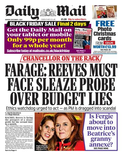 Daily Mail Newspaper Front Page (UK) for 1 December 2025