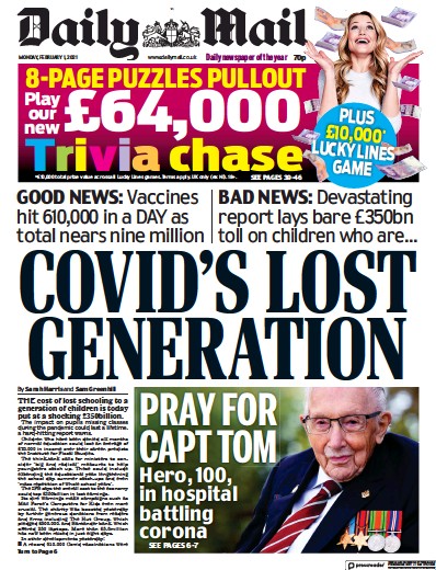 Daily Mail Newspaper Front Page (UK) for 1 February 2021