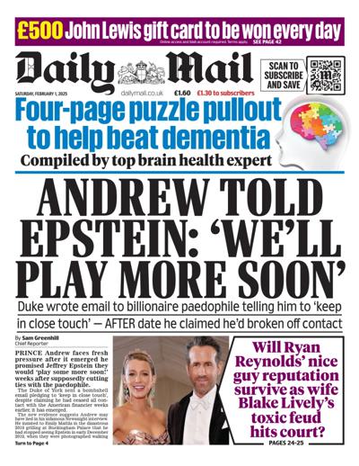 Daily Mail Newspaper Front Page (UK) for 1 February 2025