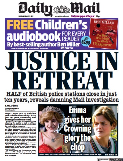 Daily Mail Newspaper Front Page (UK) for 1 March 2021