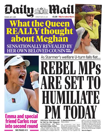 Daily Mail Newspaper Front Page (UK) for 1 July 2025