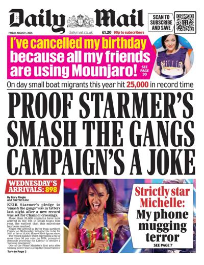 Daily Mail Newspaper Front Page (UK) for 1 August 2025