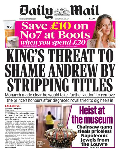 Daily Mail Newspaper Front Page (UK) for 20 October 2025