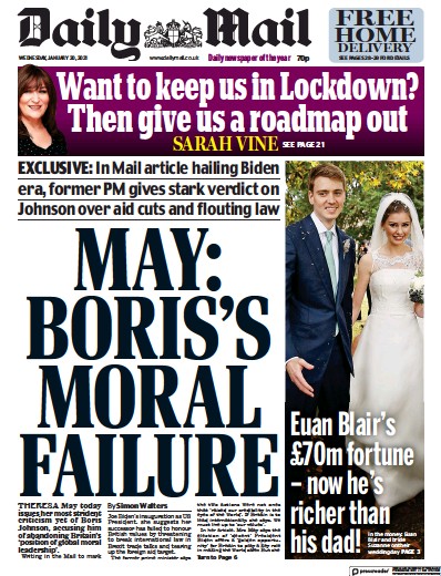 Daily Mail Newspaper Front Page (UK) for 20 January 2021