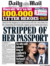 Daily Mail (UK) Newspaper Front Page for 20 February 2019