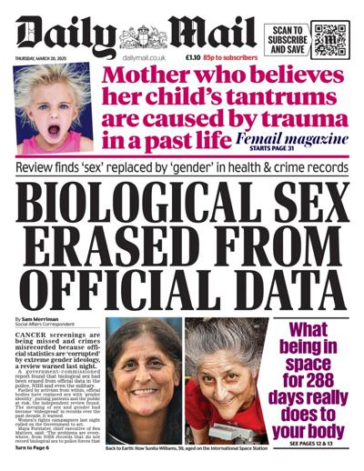 Daily Mail Newspaper Front Page (UK) for 20 March 2025