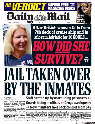 Daily Mail Newspaper Front Page (UK) for 20 August 2018