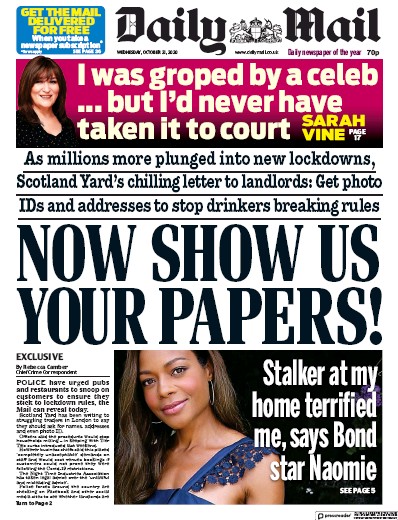 Daily Mail Newspaper Front Page (UK) for 21 October 2020