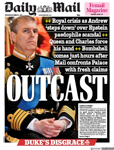 Daily Mail Newspaper Front Page (UK) for 21 November 2019