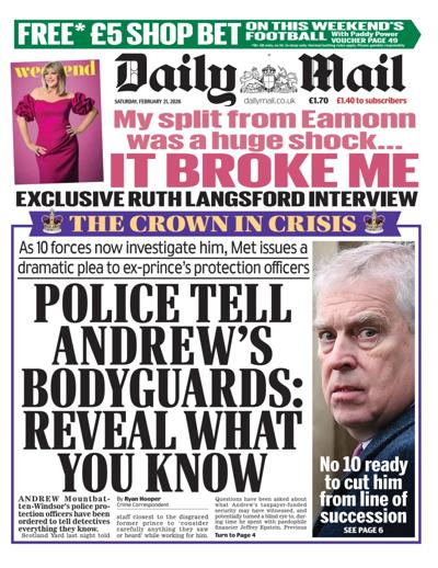 Daily Mail Newspaper Front Page (UK) for 21 February 2026