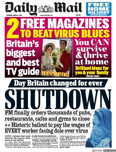 Daily Mail Newspaper Front Page (UK) for 21 March 2020