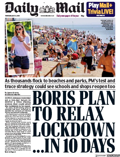 Daily Mail Newspaper Front Page (UK) for 21 May 2020