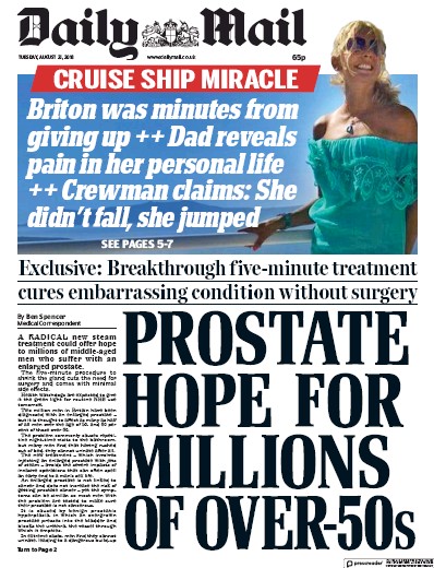 Daily Mail Newspaper Front Page (UK) for 21 August 2018