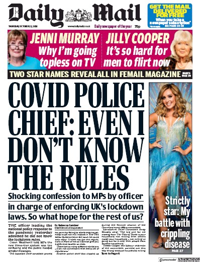 Daily Mail Newspaper Front Page (UK) for 22 October 2020