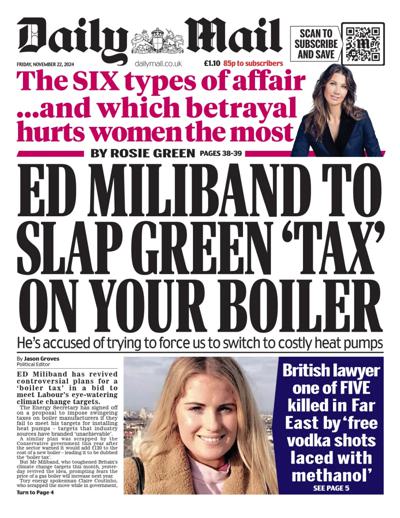 Daily Mail Newspaper Front Page (UK) for 22 November 2024