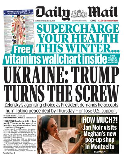Daily Mail Newspaper Front Page (UK) for 22 November 2025