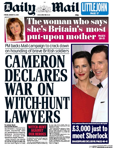 Daily Mail Newspaper Front Page (UK) for 22 January 2016