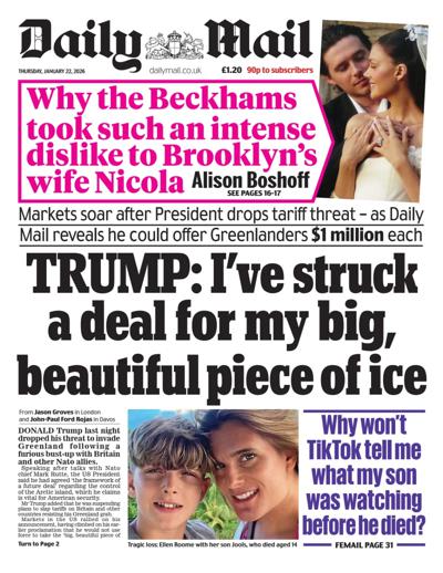 Daily Mail Newspaper Front Page (UK) for 22 January 2026