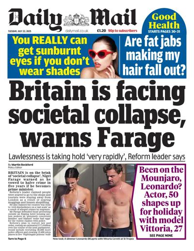 Daily Mail Newspaper Front Page (UK) for 22 July 2025